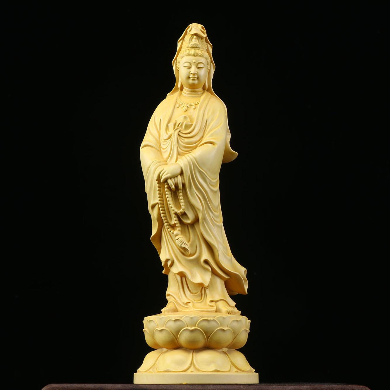 黄杨木雕刻立莲观音菩萨摆件 实木崖柏念珠观音佛像供奉装饰工艺