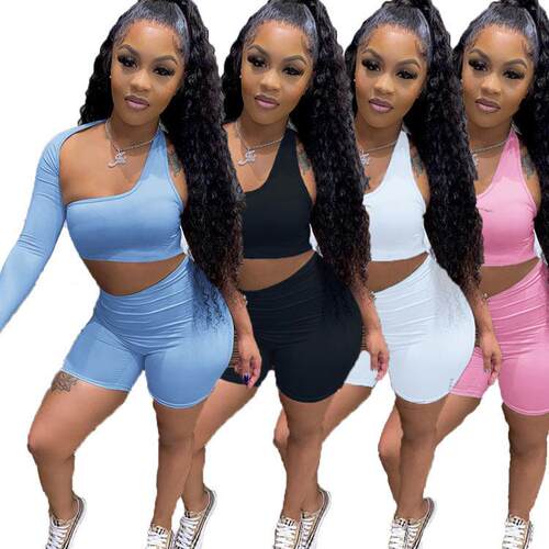Single shoulder exposed navel hollow sports long sleeved
