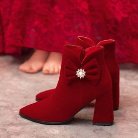 婚鞋冬季新娘鞋高跟短靴2022冬季秀禾服结婚新娘鞋酒红色高跟