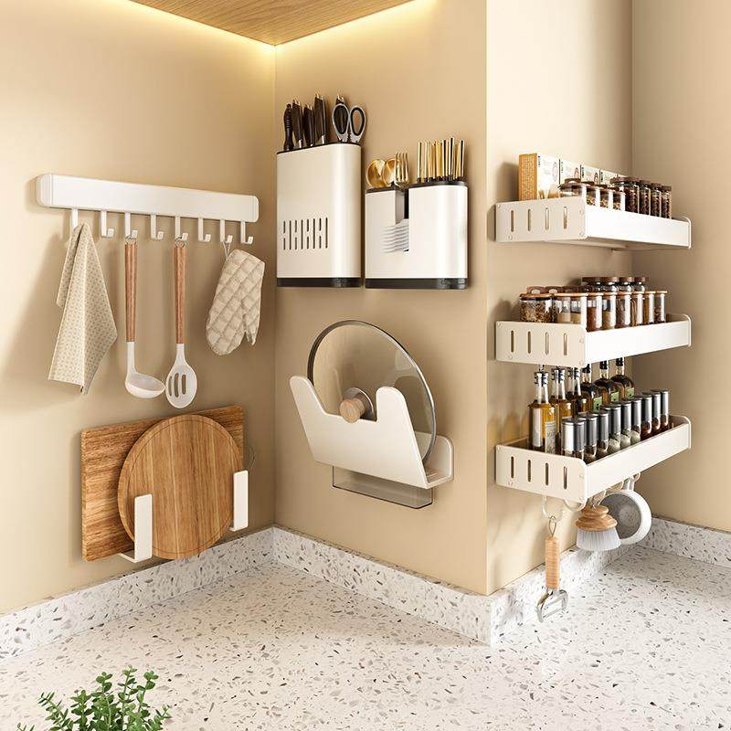 白色厨房置物架挂墙调味品收纳置物架套装免打孔壁挂太空铝调料架