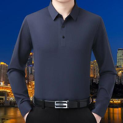 品牌长袖套闲头恤男秋冬季新款商2668务休领桑蚕士丝衫翻男