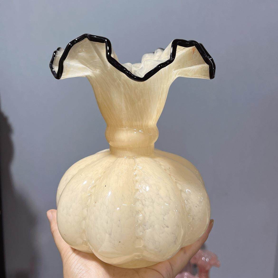中古奶玉黄色芬顿风法式南瓜珠花瓶手工琉璃玻璃家插花器软装摆件