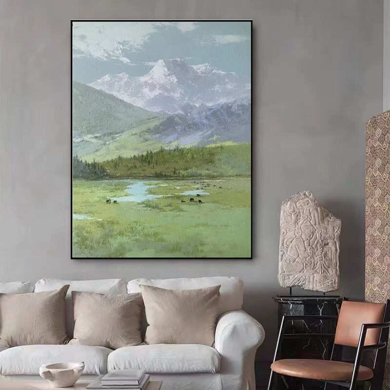 纯手绘油画高档入户正对门玄关客厅手工绘制风景雪山草地挂画