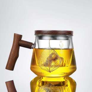 厂家批发茶水分离玻璃杯复古风木把创意圆形茶杯带盖带把办公室杯
