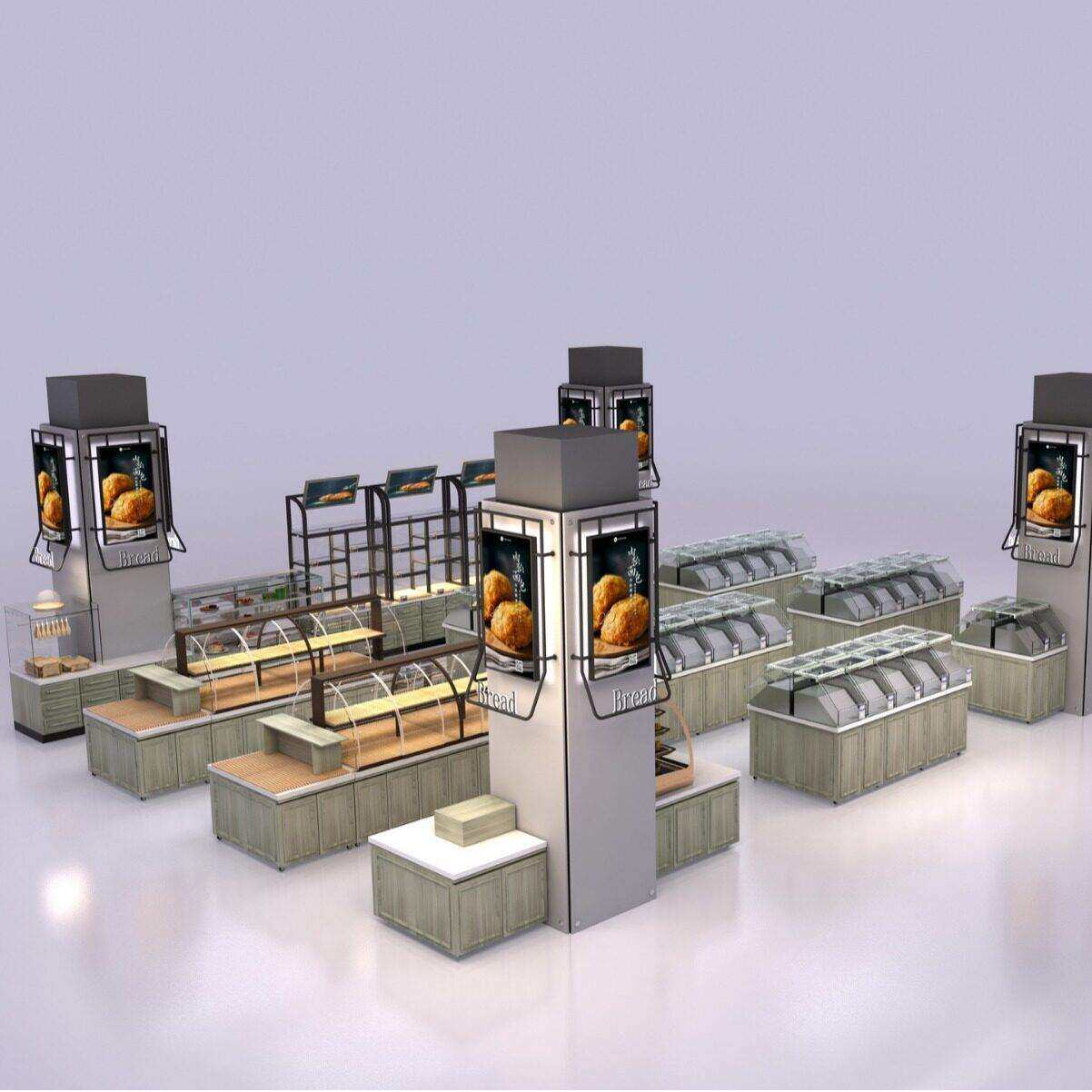 铁木结合中岛面包柜带灯条超市货架面包取盘架木质托盘