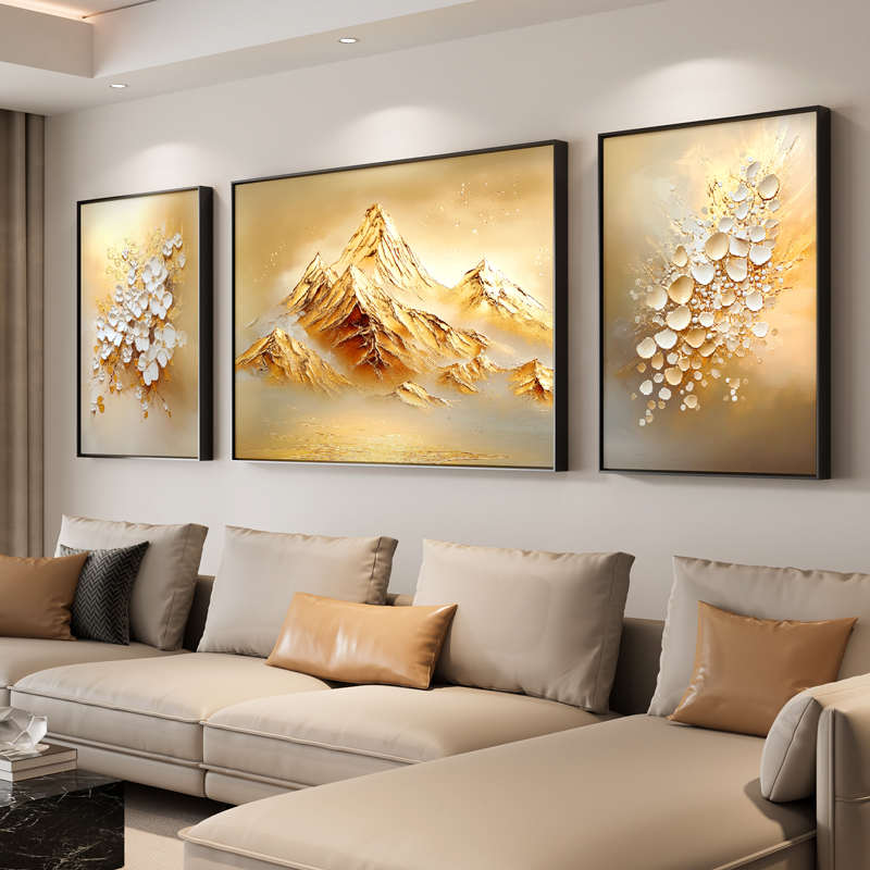 背靠金山客厅装饰画轻奢高级感沙发背景墙挂画2025新款金箔三联画