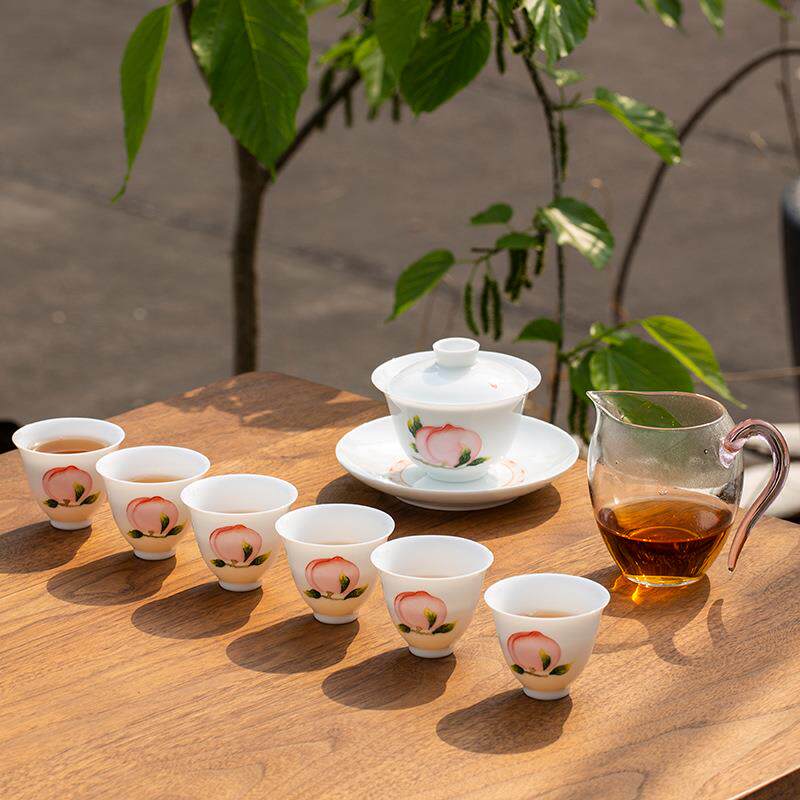 料半日闲绘堆寿桃盖碗功夫茶具52014礼盒包装家用陶茶瓷泡手茶碗