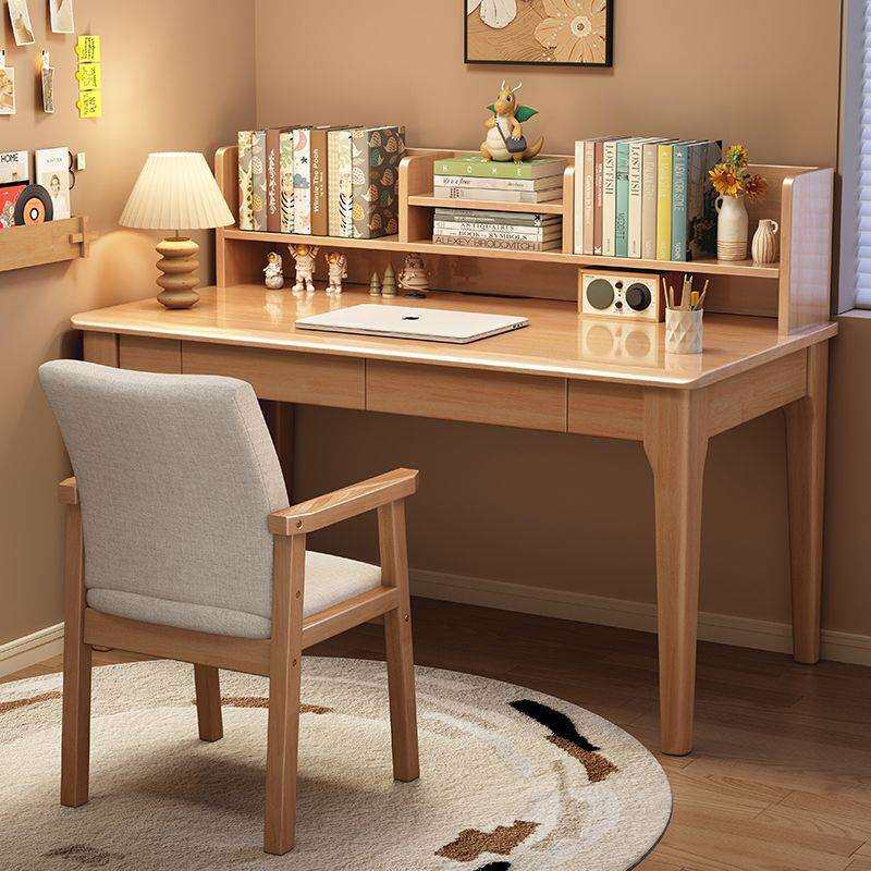 实木书桌带书架组合家用中小学生学习桌子小户型卧室简易写字桌椅