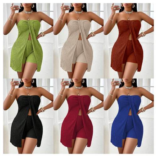 Women's Summer Plain Textured Fabric Twist Front Split