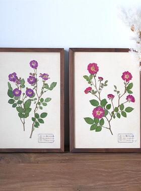 红玫瑰植物标本装饰绘画标本绘画礼品核桃干花相框中世纪简单风格