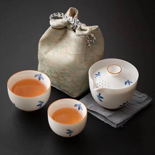 手绘蝴蝶旅行茶具套装户外陶瓷泡茶快客杯便携一壶二杯logo制作