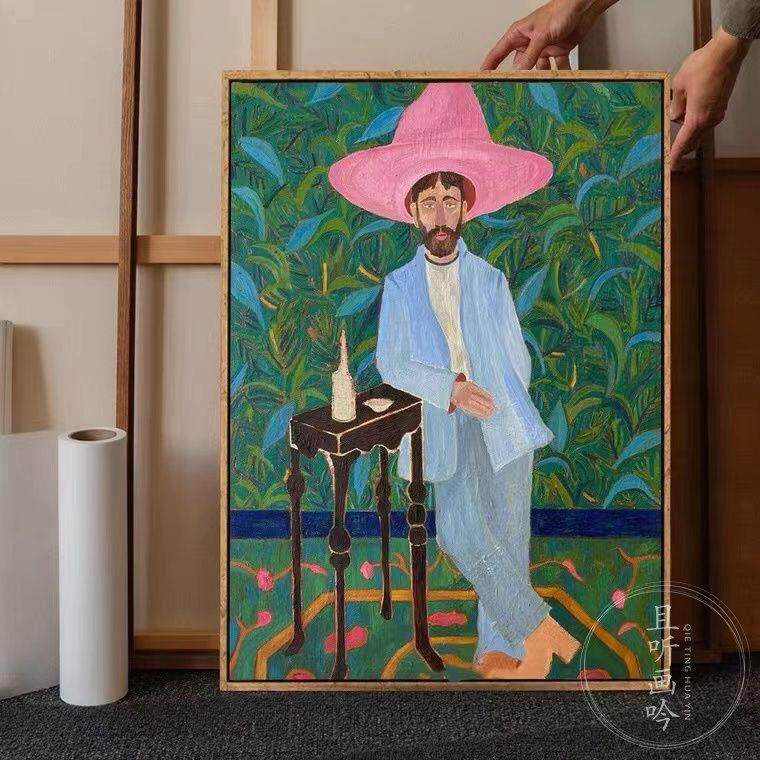 美式小众粉红帽子西部人物高级感文艺装饰画复古创意油画客厅挂画