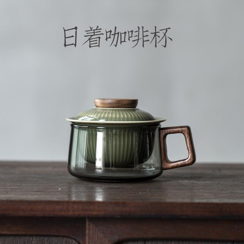 越青窑日着防烫咖啡杯陶瓷泡茶杯竹盖玻璃杯带茶漏过滤办公室茶具