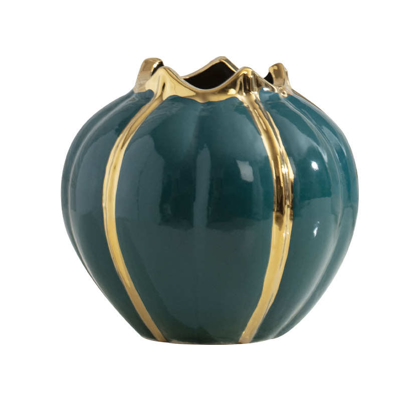 北欧镀金边台面南瓜造型陶瓷花瓶ins风轻奢绿色花器艺术风摆件