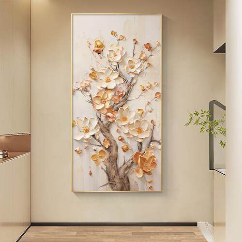 奶油风肌理画入户门玄关装饰画竖版花卉挂画现代简约走廊过道壁画