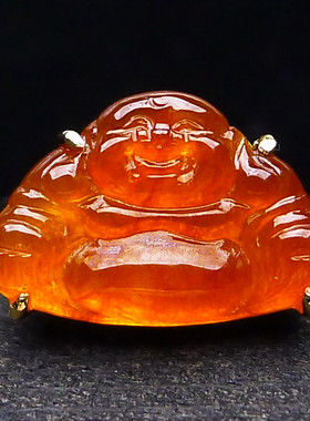 正品18K金镶玉戒冰红黄佛公镶嵌老坑缅甸天然A货翡翠戒指2.34g