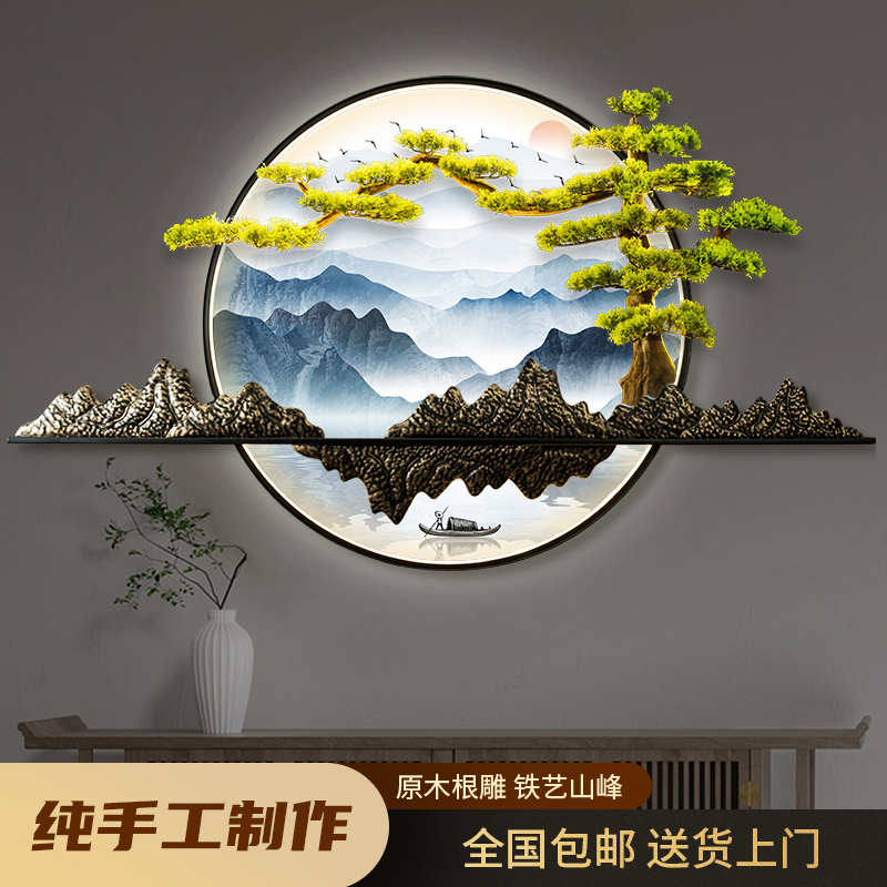迎客松挂件圆形新中式客厅沙发背景墙现代装饰画带灯茶室玄关壁画图片
