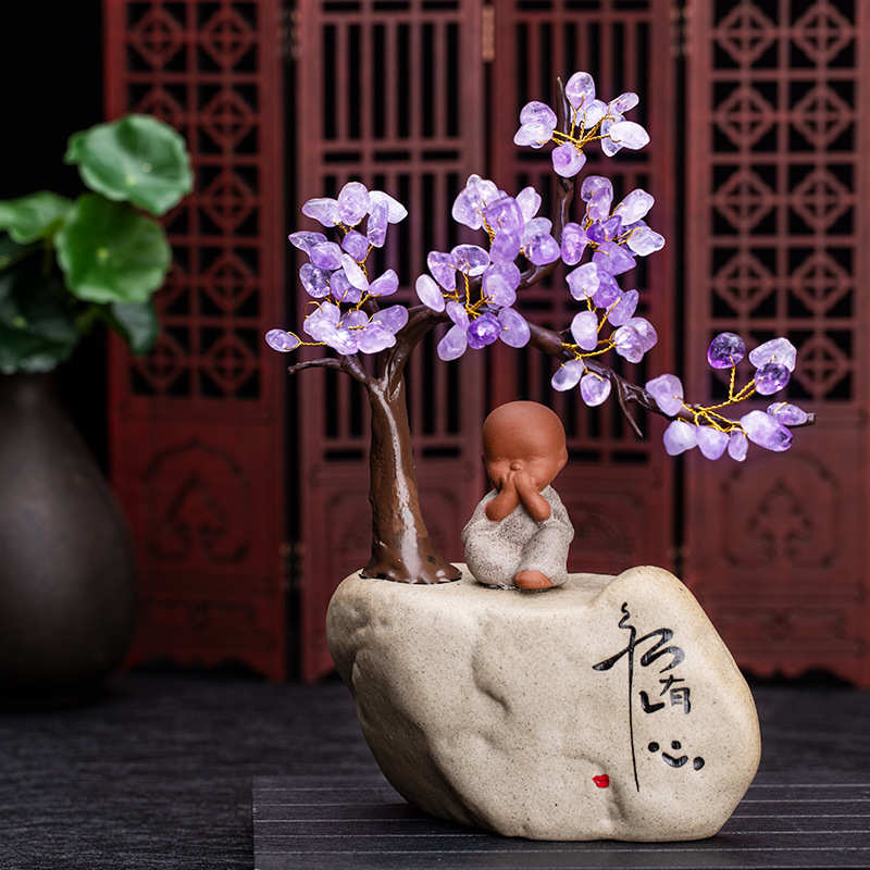 星雨 天然紫水晶树粗陶陶瓷摆件水晶花盆 室内家居办公桌创意摆件