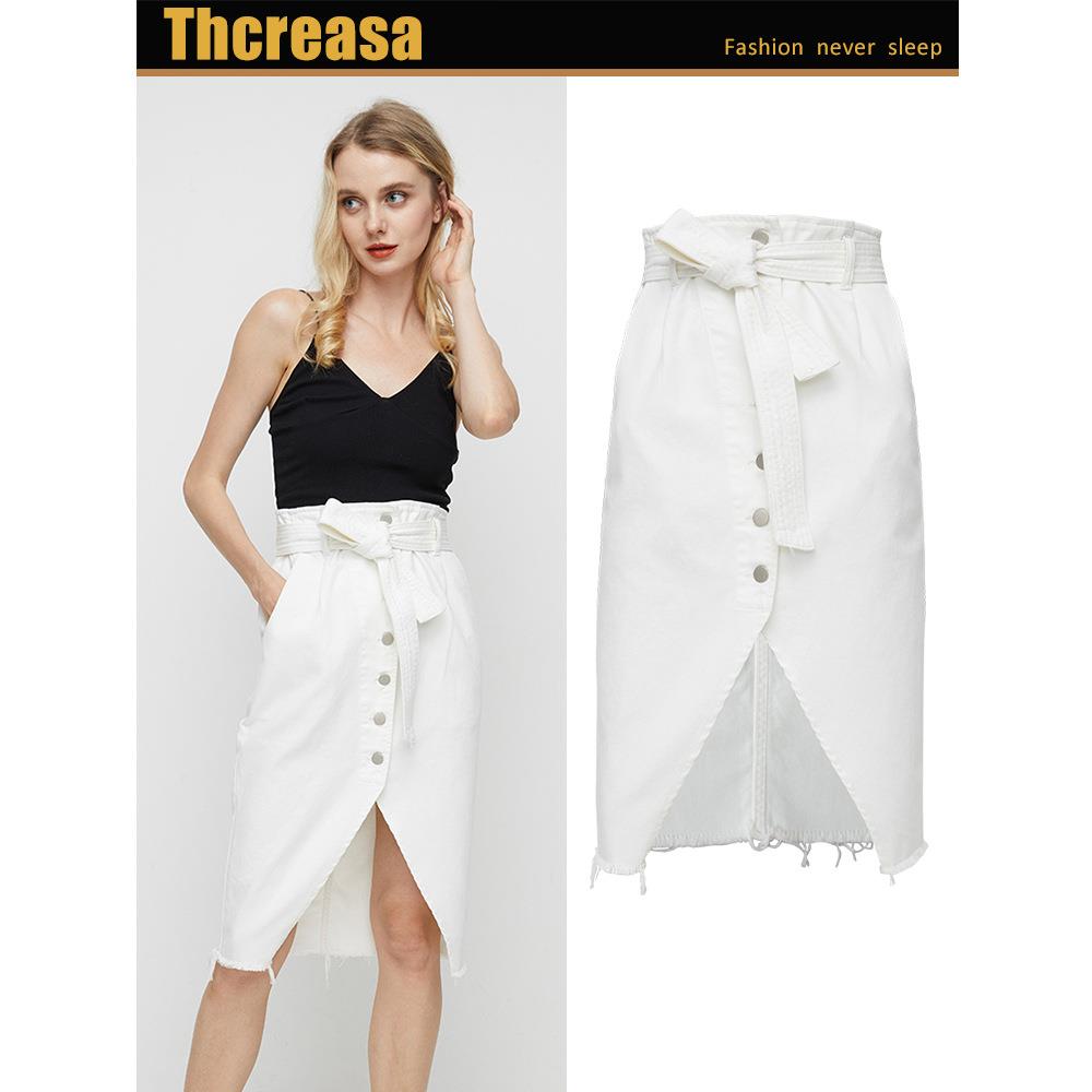 skirt denim hip-hugging belt with edge raw slit irregular