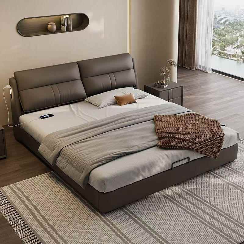 现代简约真皮床轻奢双人床1.8x2米靠背可调节软包床储物皮床婚床