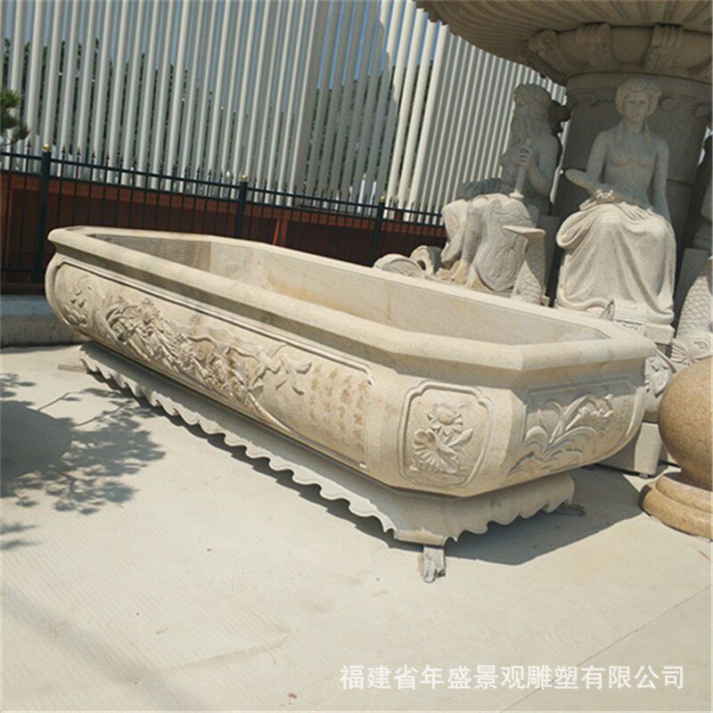 庭院摆件仿古石雕鱼缸 长方形雕花石缸庭院装饰石头花盆摆件