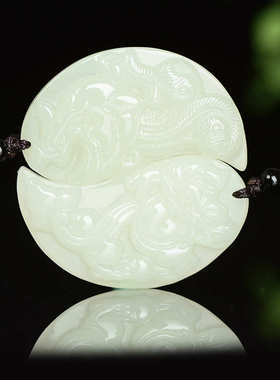 和田玉情侣玉佩 一对 龙凤配 天然玉石吊坠男女款龙凤呈祥玉吊坠