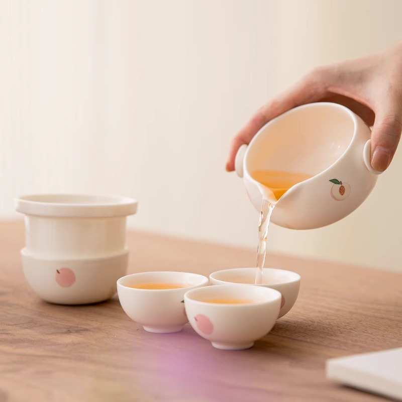 茶壶客茶杯茶具抓手便携式快旅行功夫陶瓷套装杯三杯桃子一壶户外
