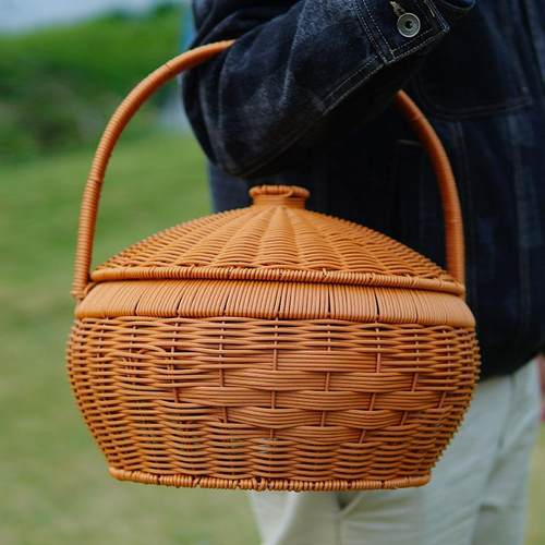 仿藤编带盖圆形手提篮户外野餐篮鸡蛋篮采摘篮喜事篮拜拜手提篮子
