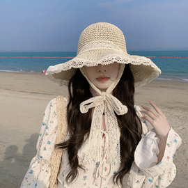 法式草帽沙滩帽女夏海边(夏海边)度假赫本风丝带，编织太阳帽子遮阳折叠