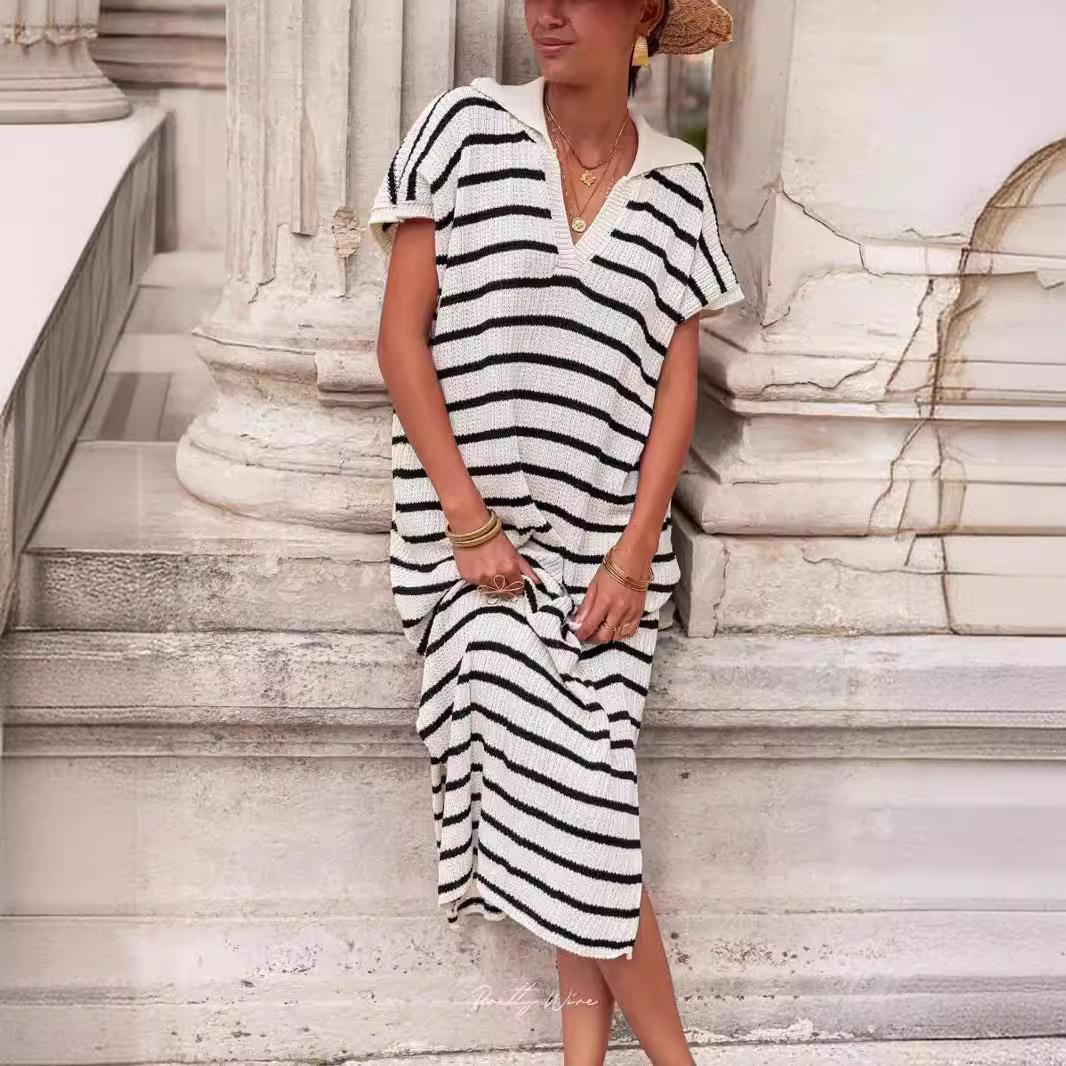 Womens Striped Summer Dresses Short Sleeve V Neck Knit图片
