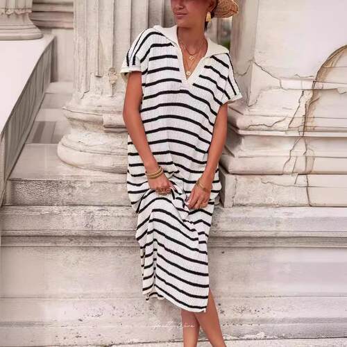 Womens Striped Summer Dresses Short Sleeve V Neck Knit