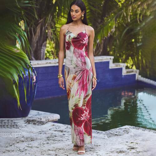 Women's All Over Print Tie Back Halter Neck Dress