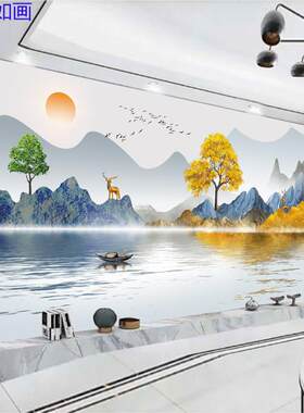 8D新中式轻奢风山水画 画墙布客厅沙发电视背景墙壁纸5d立体壁纸