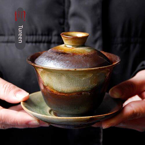 粗陶三才盖碗手工彷古窑变茶杯敬茶碗防烫泡茶器陶瓷功夫茶具家用