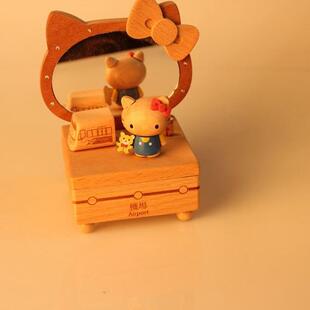 卡通木质音乐盒小镜子摆件经典创意手摇式音乐盒