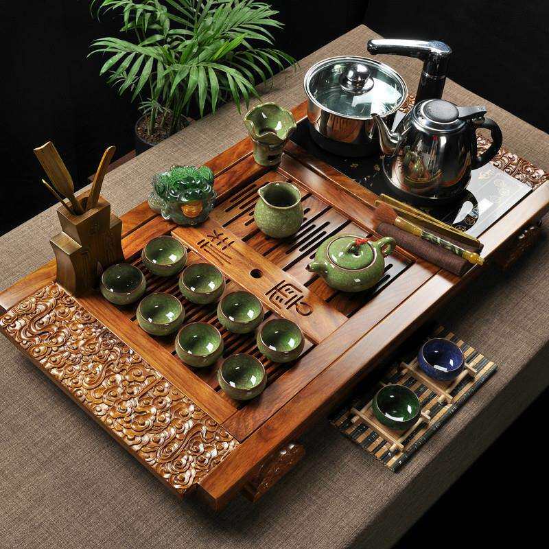 厂家紫砂茶具套装四合一整套冰裂电磁炉实木花梨茶盘茶海茶台