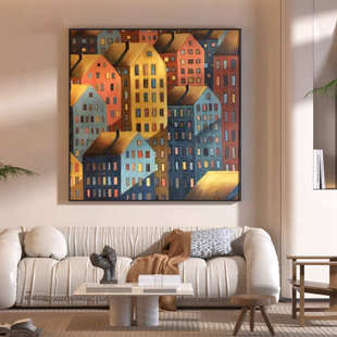现代客厅玄关装饰画彩色大楼城市建筑万家灯火背景墙壁方型挂画