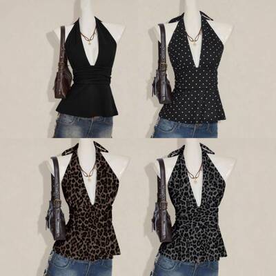 and stylish Casual halter neck deep V-neck pleated backless