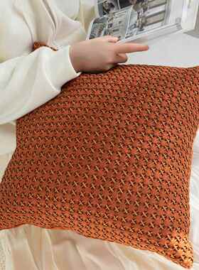 代轻奢橙色客仿现皮绒手工编织抱枕厅沙发BCI靠枕高端样板装饰靠