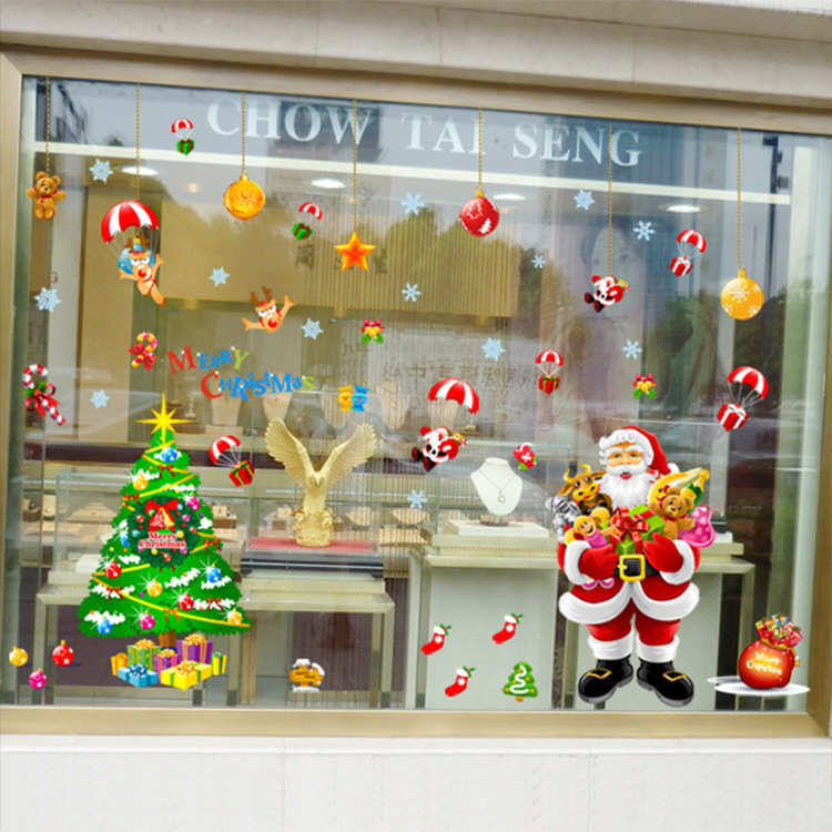 2018年圣诞节贴画XL9020AB圣诞树与圣诞老公公店铺橱窗背景装饰贴