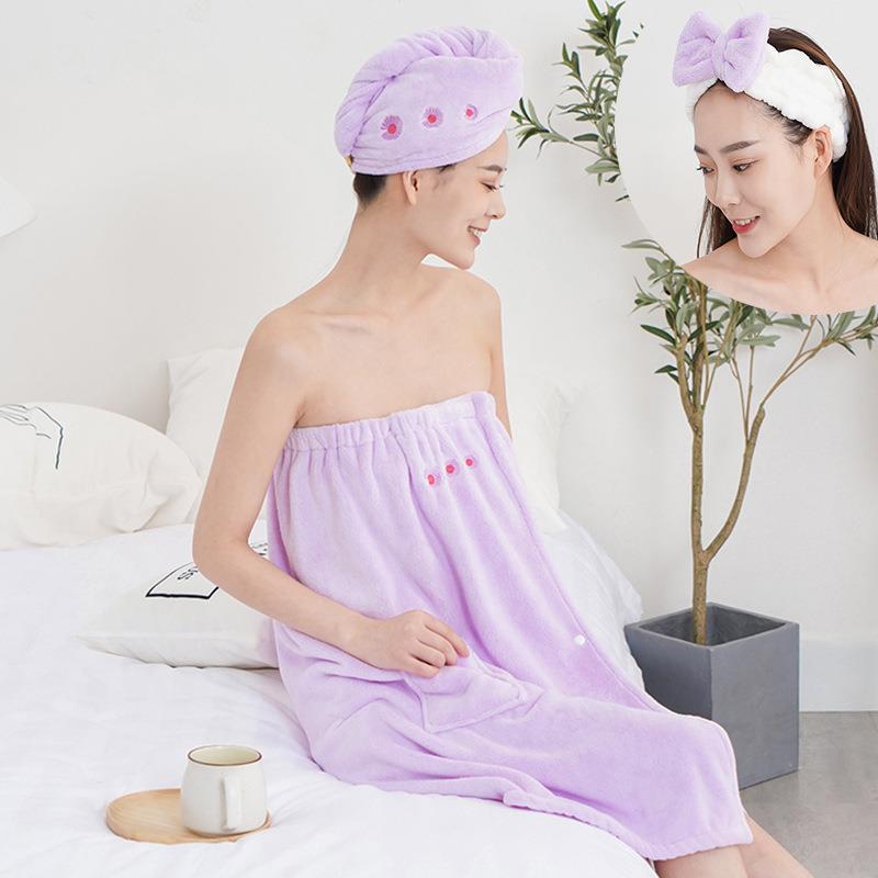 新款直销珊瑚绒抹胸浴裙三件套家用绣花吸水浴裙女生可穿浴巾浴帽
