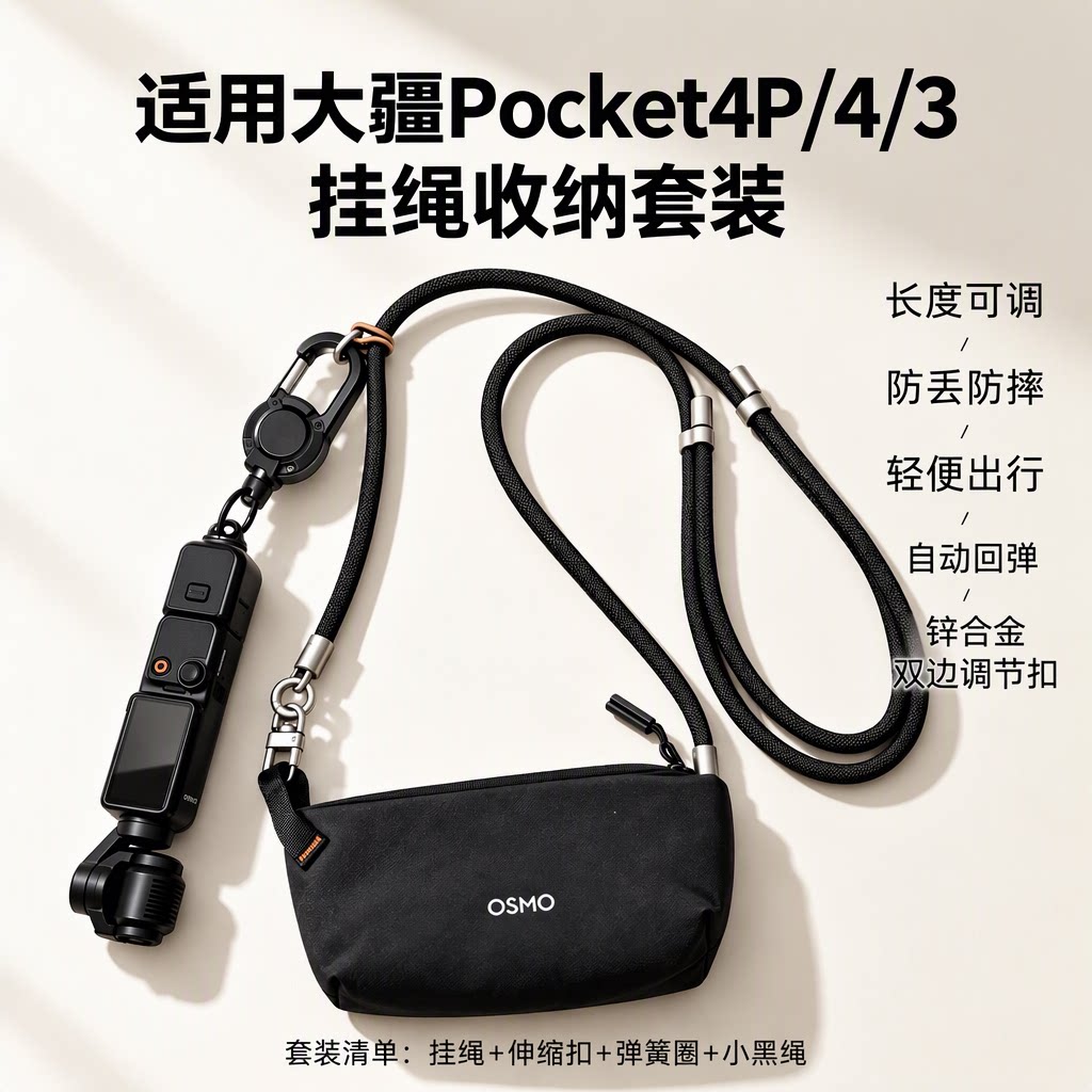 大疆Pocket3/4/4Pro挂绳伸缩扣锌合金钢丝绳自动回弹斜跨防丢防摔