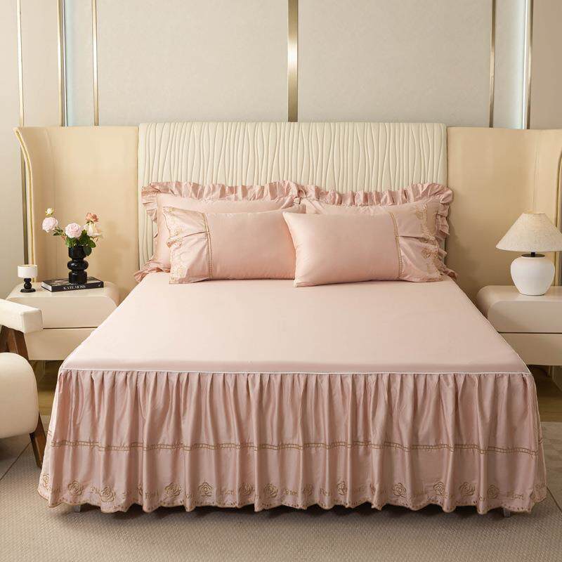 高端100支纯棉长绒棉床裙四件套高支密斜纹全棉法式绣花纯棉床裙