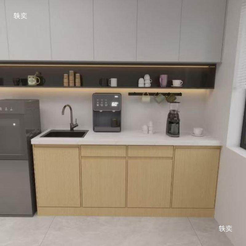 实木公司茶水吧台一体柜办公室洗切台储物柜大理石台面水吧台靠墙
