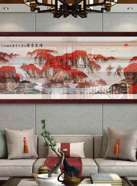 网红紫气来山水画国画东办公室背靠饰字画有挂画山中式客厅装画墙