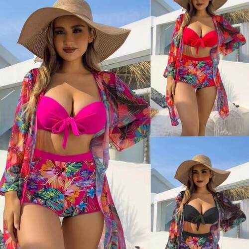 Long sleeved top, three bikini women's swimsuit,
