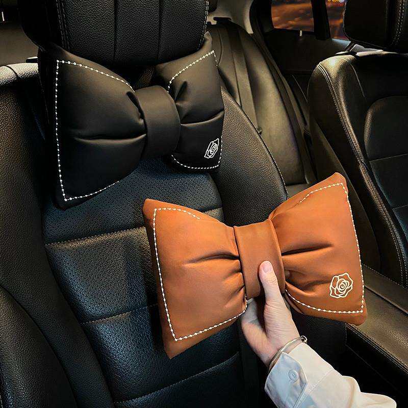 汽车头枕护颈枕四季通用车载座椅腰靠套装夏季山茶花纳帕皮靠枕女