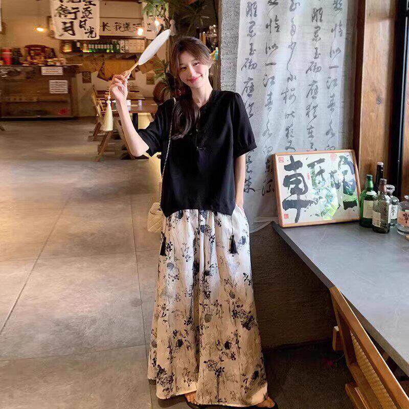 LILY MOST夏新中式国风短袖套装阔腿裤高腰显瘦水墨画裤裙两件套
