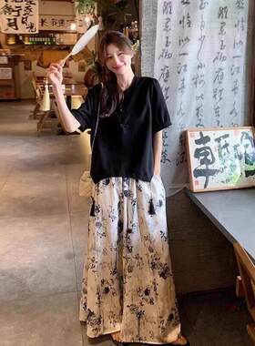 LILY MOST夏新中式国风短袖套装阔腿裤高腰显瘦水墨画裤裙两件套