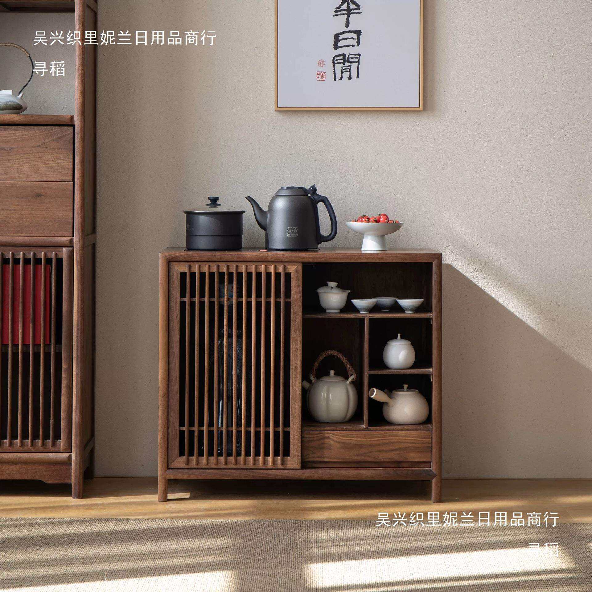 原木风新中式茶水柜茶车实木茶边几黑胡桃木色烧水储水简约禅意移